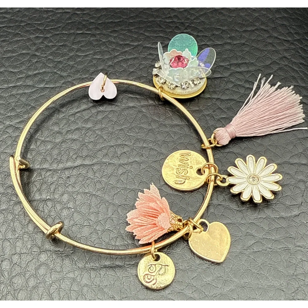 Plunder Charm Bracelet‎ Pink Flower Heart Tassel Adjustable 6.5 - 7.5 in